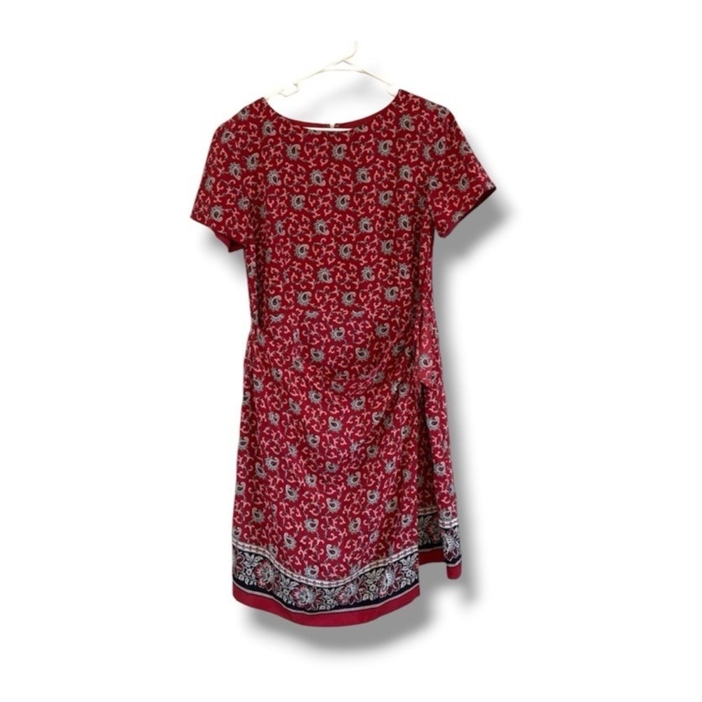 Coldwater Creek Red Paisley Silk Shift Dress Women's Size 16 Petite Mock Wrap